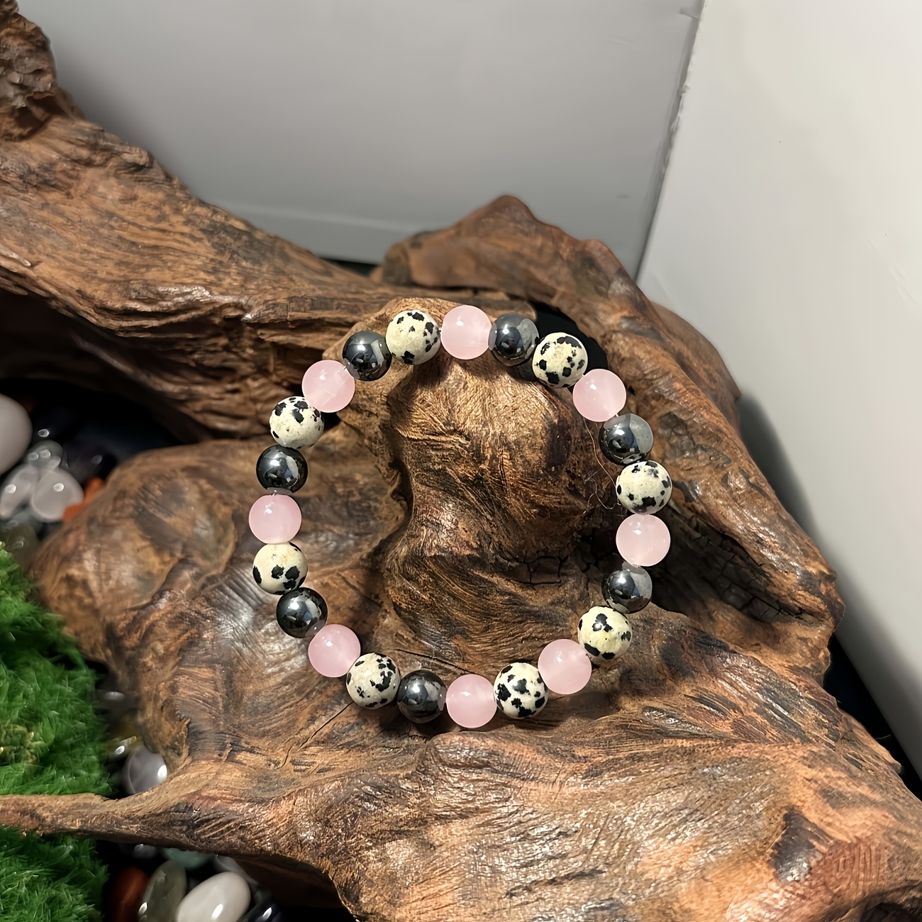 Handmade 8mm Natural Stone Bead Bracelet with Black Amber